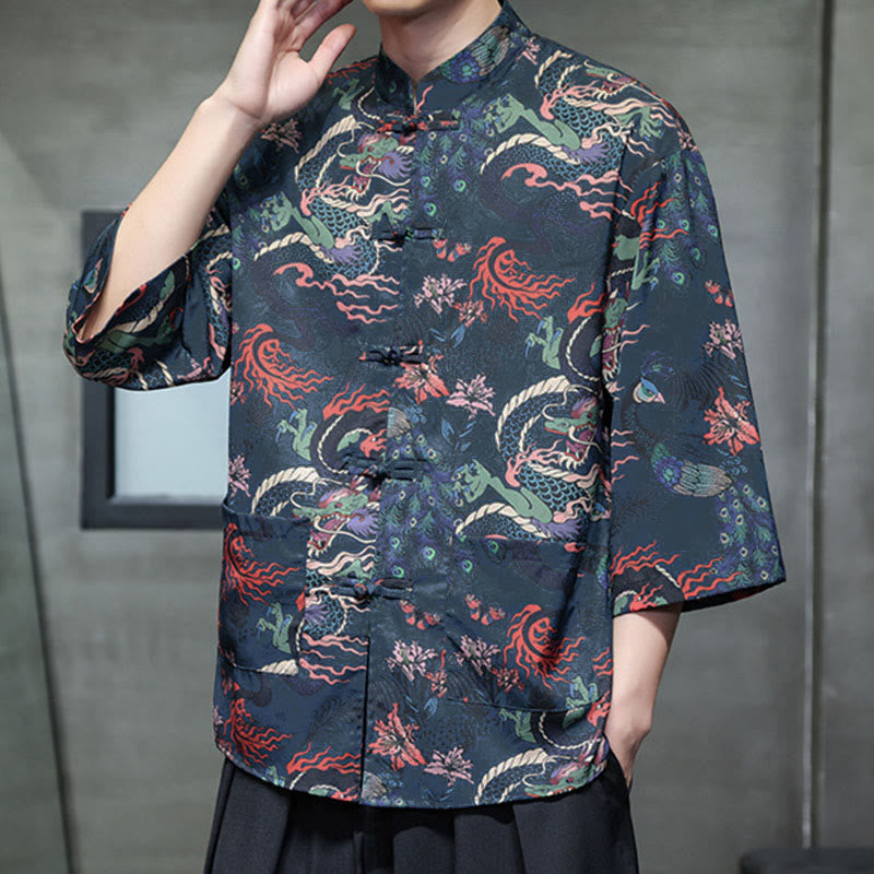 Buddha Stones Camisa de hombre con manga tres cuartos y bolsillos, diseño de rana de primavera, dragón, montaña y flores - image 27