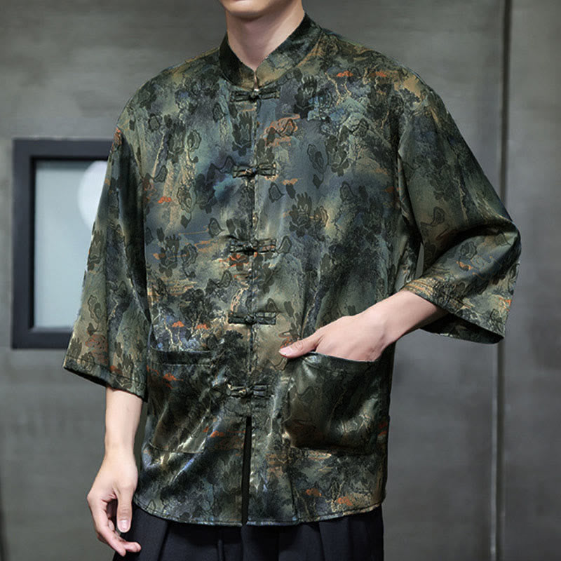 Buddha Stones Camisa de hombre con manga tres cuartos y bolsillos, diseño de rana de primavera, dragón, montaña y flores - image 54