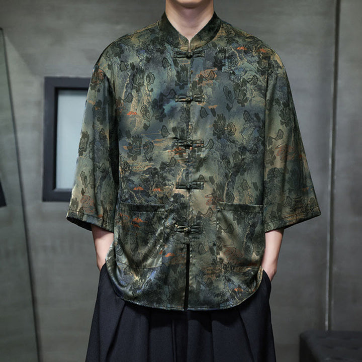 Buddha Stones Camisa de hombre con manga tres cuartos y bolsillos, diseño de rana de primavera, dragón, montaña y flores - image 50