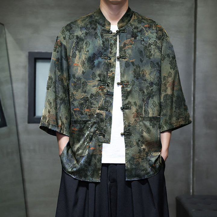 Buddha Stones Camisa de hombre con manga tres cuartos y bolsillos, diseño de rana de primavera, dragón, montaña y flores - image 53