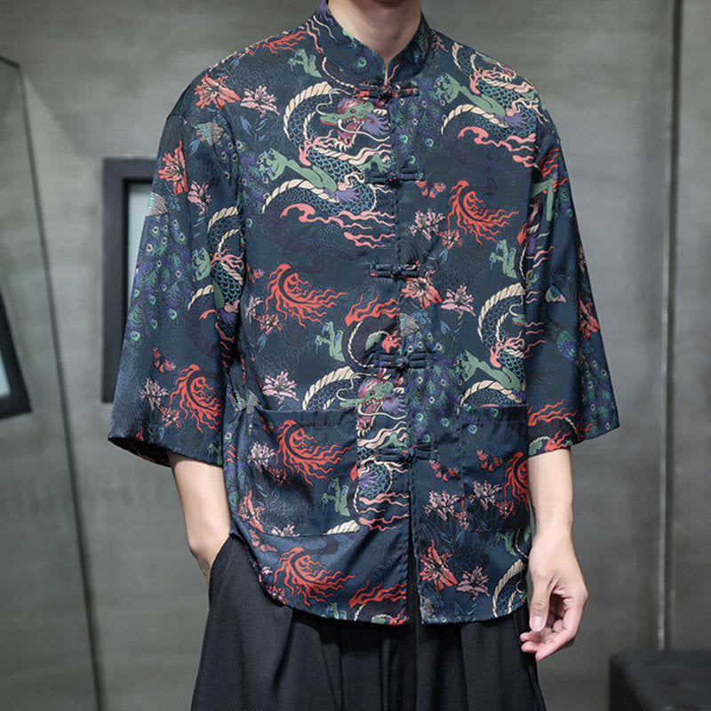 Buddha Stones Camisa de hombre con manga tres cuartos y bolsillos, diseño de rana de primavera, dragón, montaña y flores - image 28