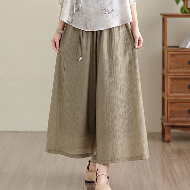 Buddha Stones Pantalones capri de pierna ancha para mujer con cintura elástica y color liso - image 30