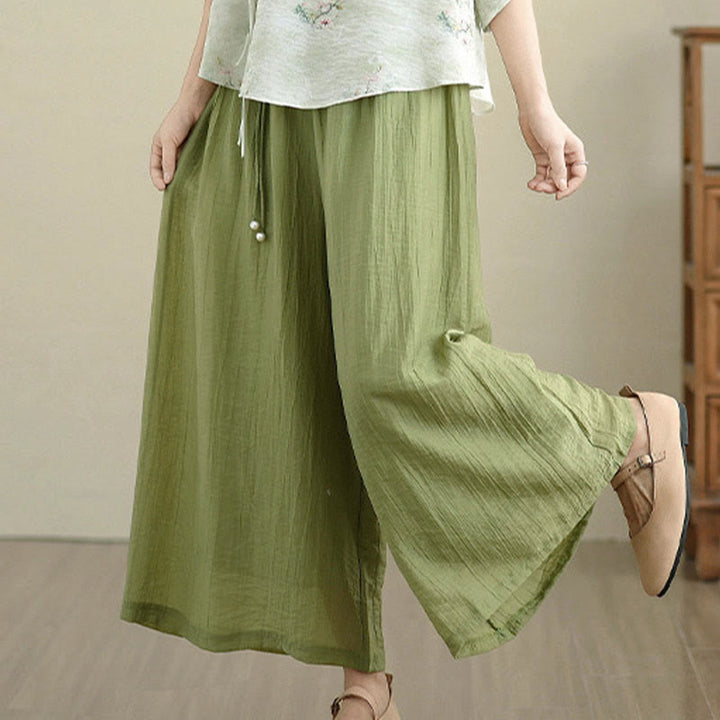 Buddha Stones Pantalones capri de pierna ancha para mujer con cintura elástica y color liso - image 5