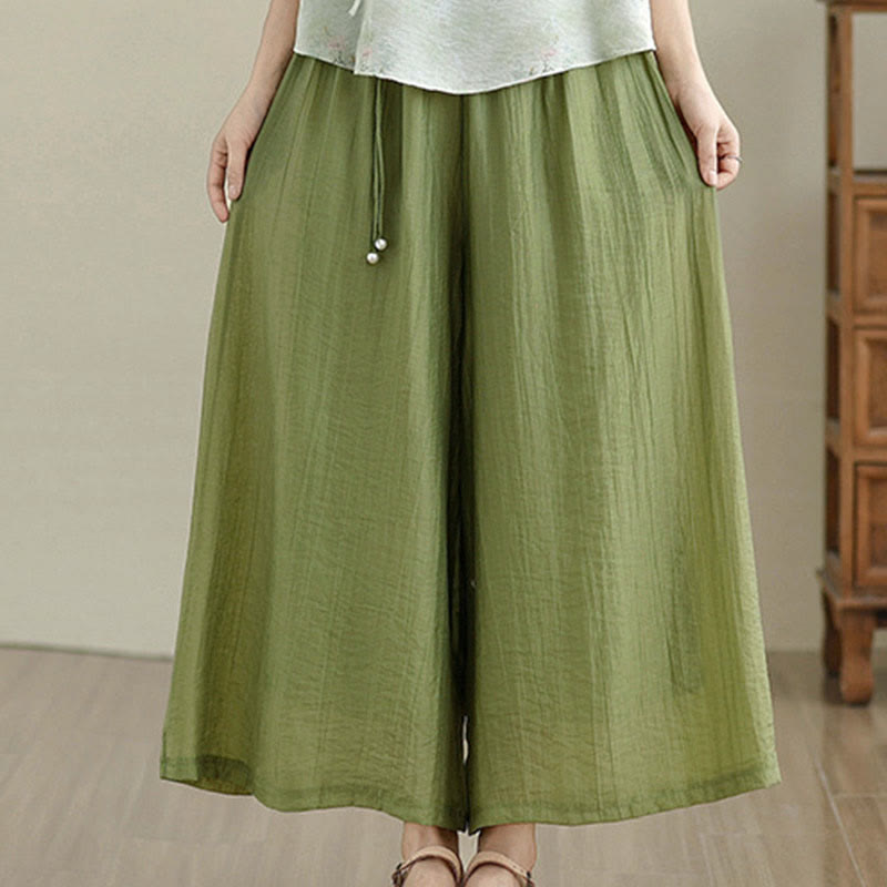 Buddha Stones Pantalones capri de pierna ancha para mujer con cintura elástica y color liso - image 1