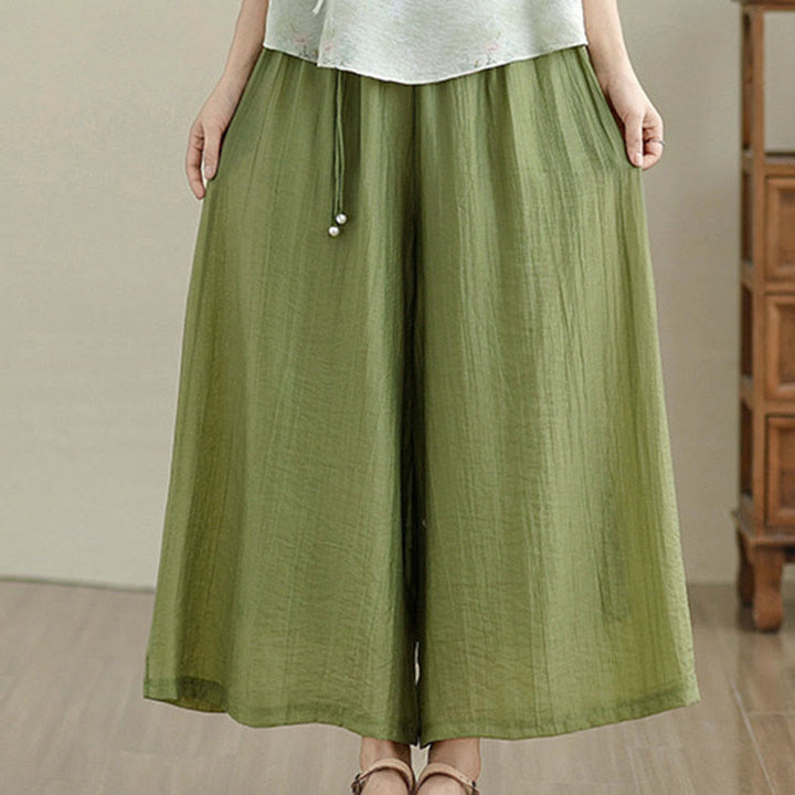 Buddha Stones Pantalones capri de pierna ancha para mujer con cintura elástica y color liso - image 1