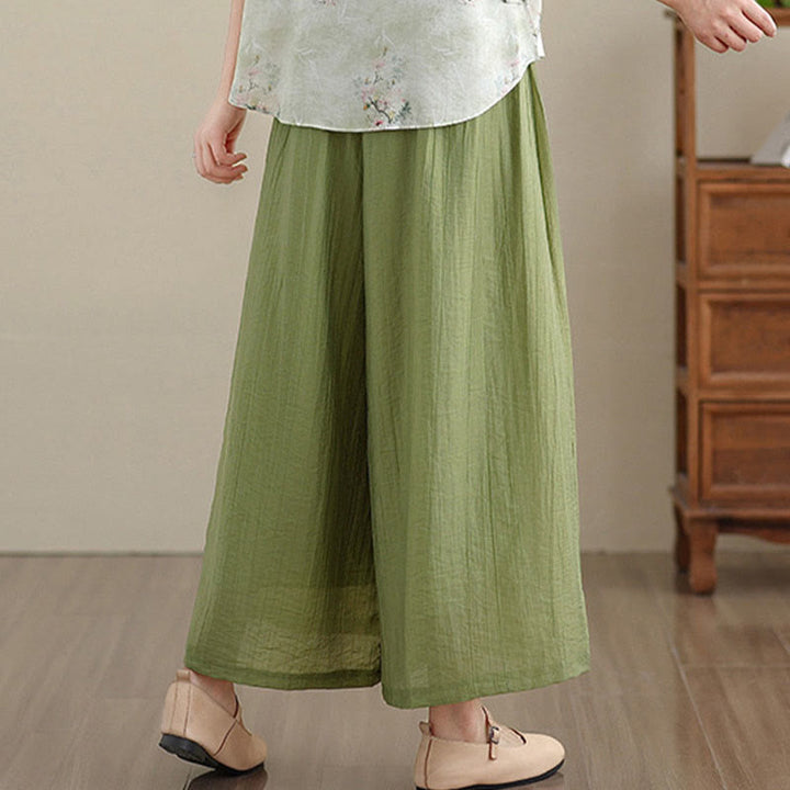 Buddha Stones Pantalones capri de pierna ancha para mujer con cintura elástica y color liso - image 3