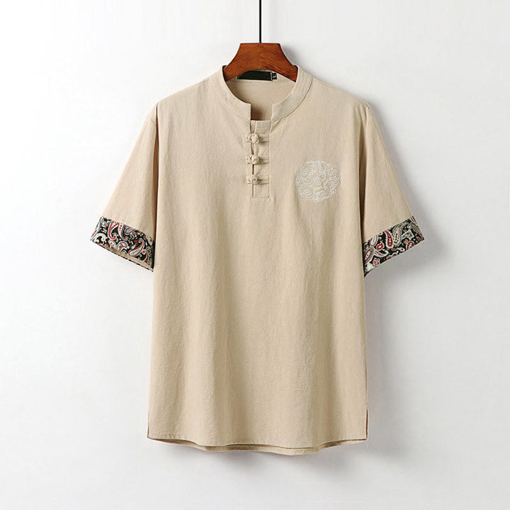 Buddha Stones Camisa de lino y algodón de manga corta para hombre con diseño bordado de nubes auspiciosas y botones de rana de verano - Sopa de mariscos - US/UK/AU54, EU64 (9XL) - image 12