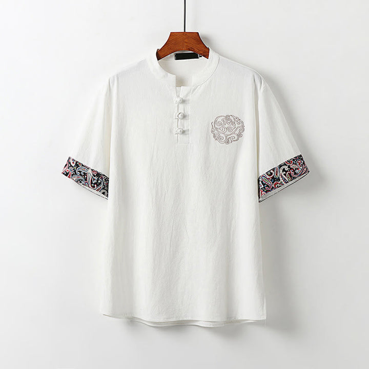 Buddha Stones Camisa de lino y algodón de manga corta para hombre con diseño bordado de nubes auspiciosas y botones de rana de verano - Blanco - US/UK/AU54, EU64 (9XL) - image 0