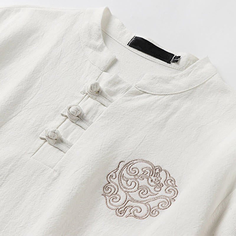 Buddha Stones Camisa de lino y algodón de manga corta para hombre con diseño bordado de nubes auspiciosas y botones de rana de verano - image 2