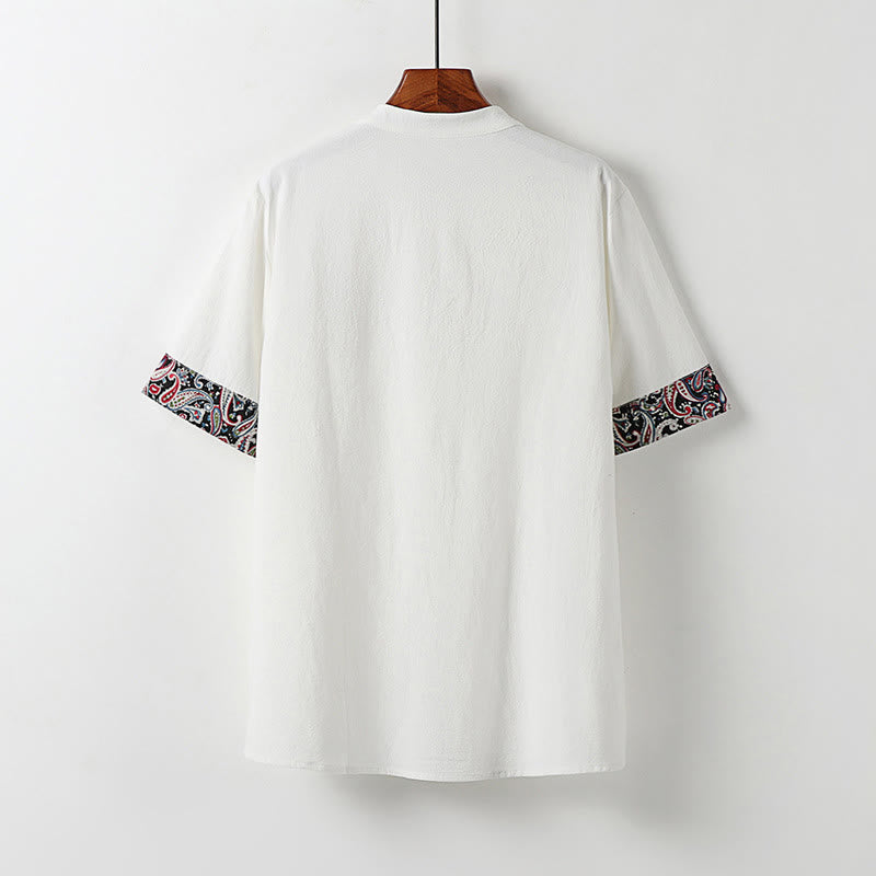 Buddha Stones Camisa de lino y algodón de manga corta para hombre con diseño bordado de nubes auspiciosas y botones de rana de verano - image 1