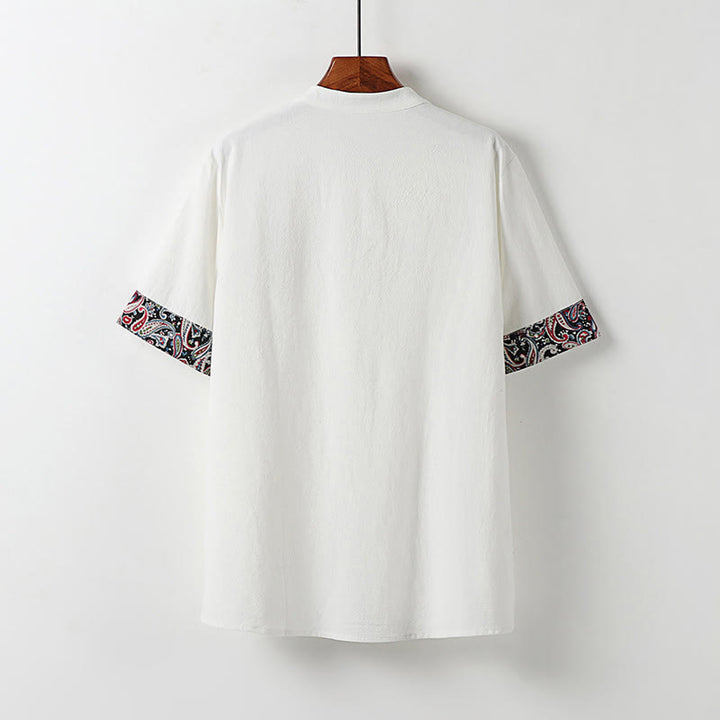 Buddha Stones Camisa de lino y algodón de manga corta para hombre con diseño bordado de nubes auspiciosas y botones de rana de verano - image 1