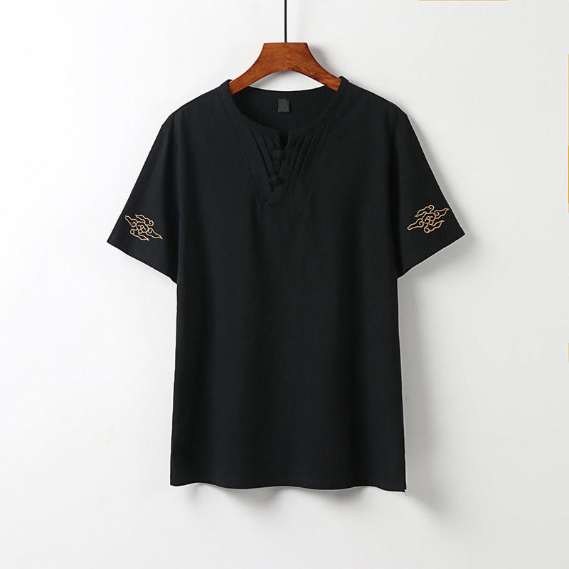 Buddha Stones Camisa de verano para hombre de lino y algodón con cuello en V, botones de rana y manga corta con bordado de nubes - Negro - US/UK/AU54, EU64 (9XL) - image 11