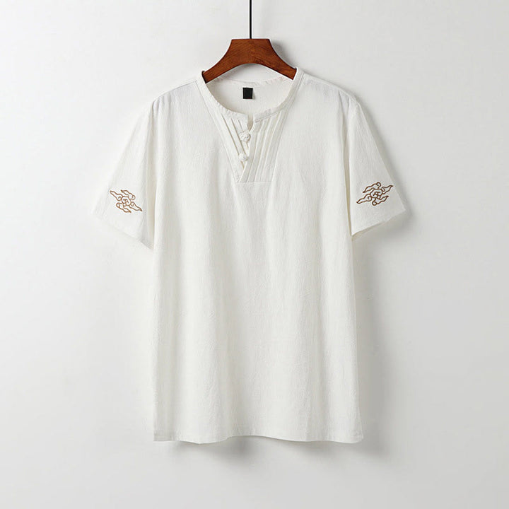 Buddha Stones Camisa de verano para hombre de lino y algodón con cuello en V, botones de rana y manga corta con bordado de nubes - Blanco - US/UK/AU54, EU64 (9XL) - image 1