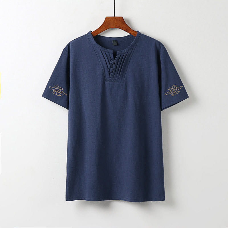 Buddha Stones Camisa de verano para hombre de lino y algodón con cuello en V, botones de rana y manga corta con bordado de nubes - Azul acero - US/UK/AU54, EU64 (9XL) - image 0