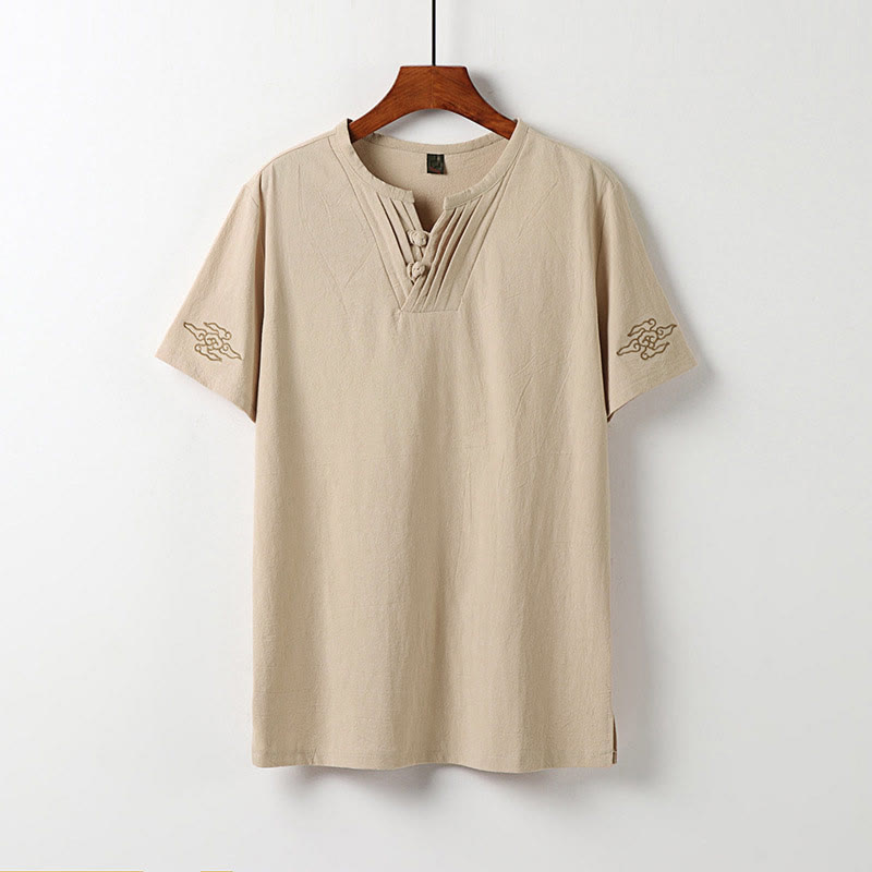 Buddha Stones Camisa de verano para hombre de lino y algodón con cuello en V, botones de rana y manga corta con bordado de nubes - Sopa de mariscos - US/UK/AU54, EU64 (9XL) - image 12