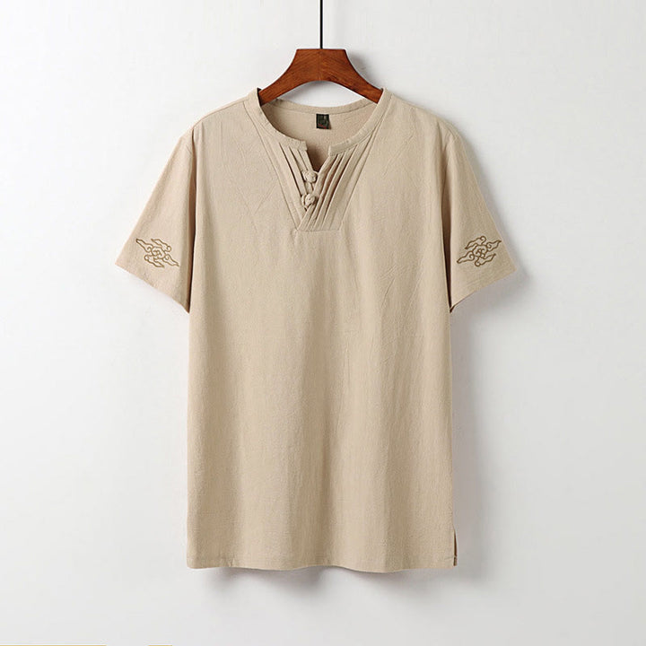 Buddha Stones Camisa de verano para hombre de lino y algodón con cuello en V, botones de rana y manga corta con bordado de nubes - Sopa de mariscos - US/UK/AU54, EU64 (9XL) - image 12