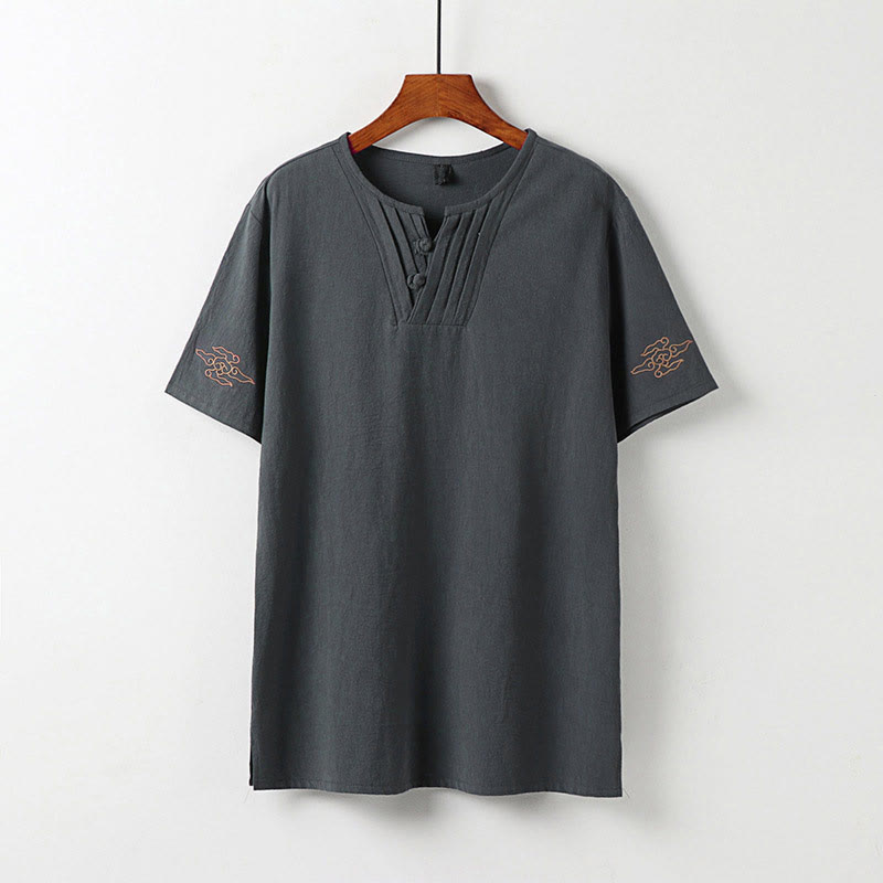 Buddha Stones Camisa de verano para hombre de lino y algodón con cuello en V, botones de rana y manga corta con bordado de nubes - Gris - US/UK/AU54, EU64 (9XL) - image 2