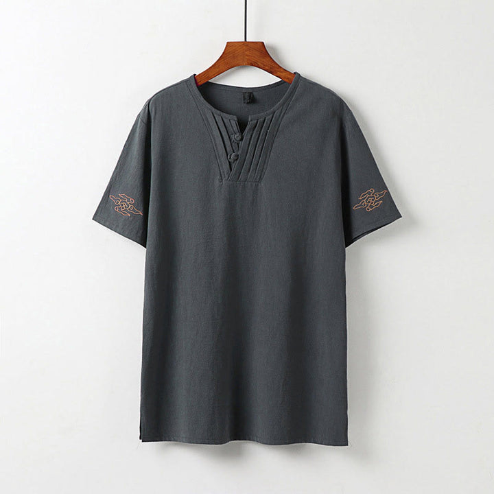 Buddha Stones Camisa de verano para hombre de lino y algodón con cuello en V, botones de rana y manga corta con bordado de nubes - Gris - US/UK/AU54, EU64 (9XL) - image 2