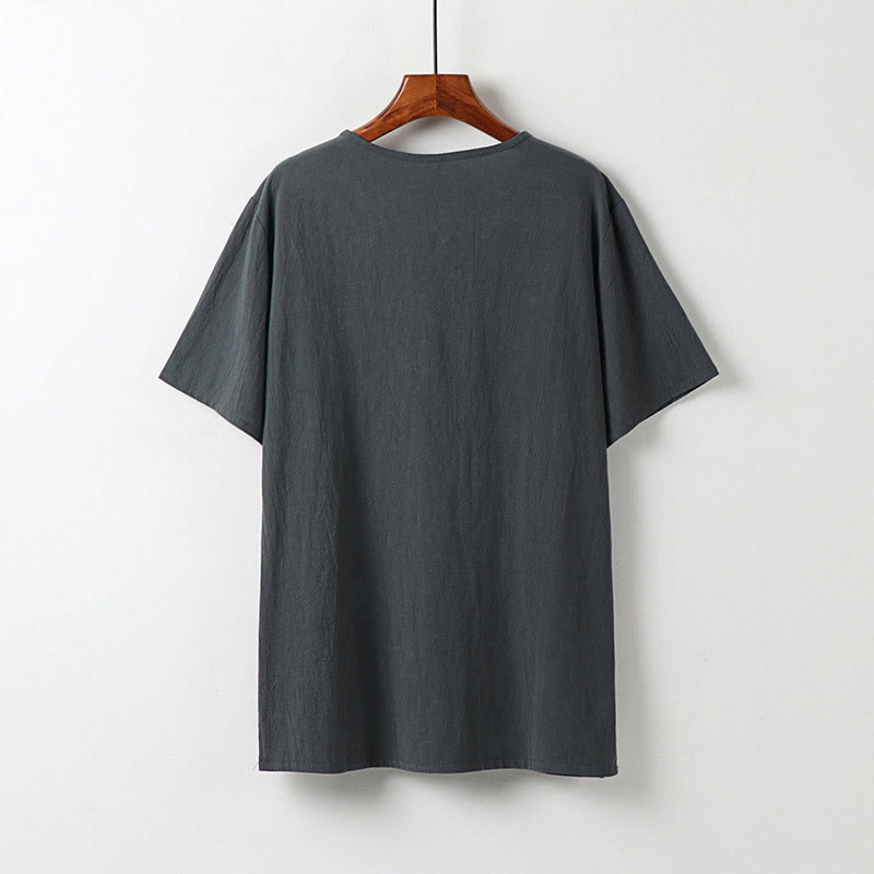 Buddha Stones Camisa de verano para hombre de lino y algodón con cuello en V, botones de rana y manga corta con bordado de nubes - image 3