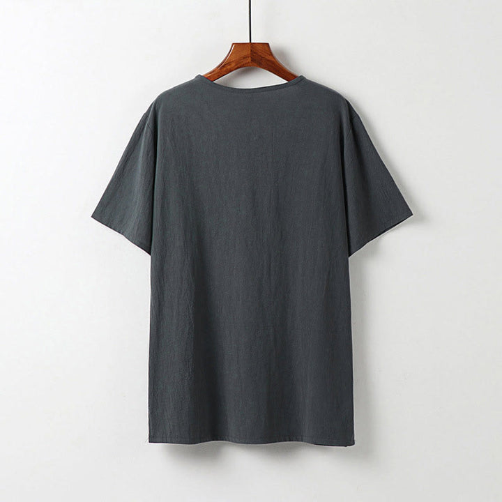Buddha Stones Camisa de verano para hombre de lino y algodón con cuello en V, botones de rana y manga corta con bordado de nubes - image 3