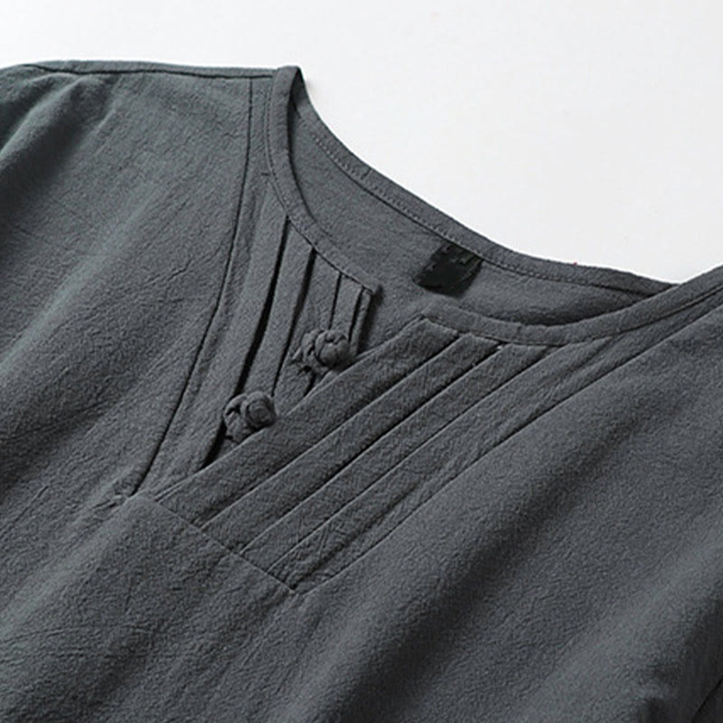 Buddha Stones Camisa de verano para hombre de lino y algodón con cuello en V, botones de rana y manga corta con bordado de nubes - image 4