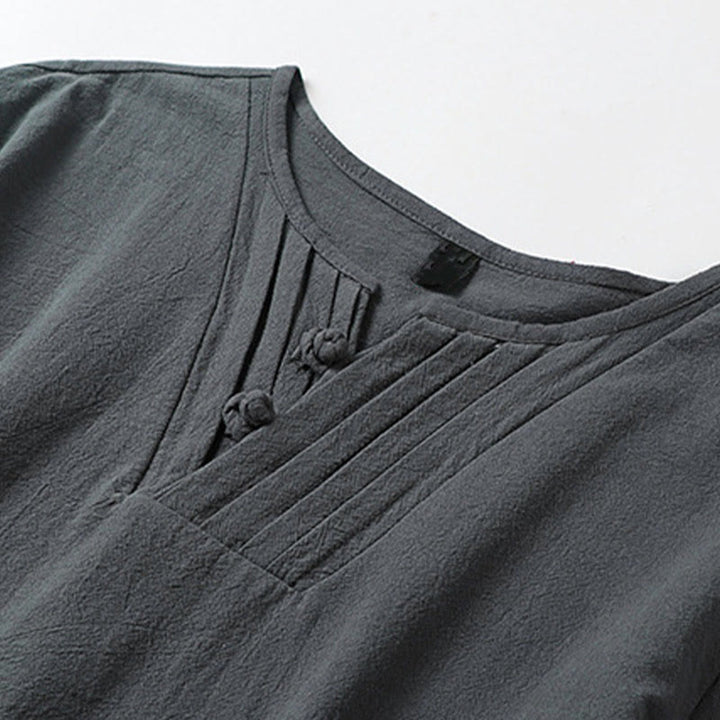 Buddha Stones Camisa de verano para hombre de lino y algodón con cuello en V, botones de rana y manga corta con bordado de nubes - image 4