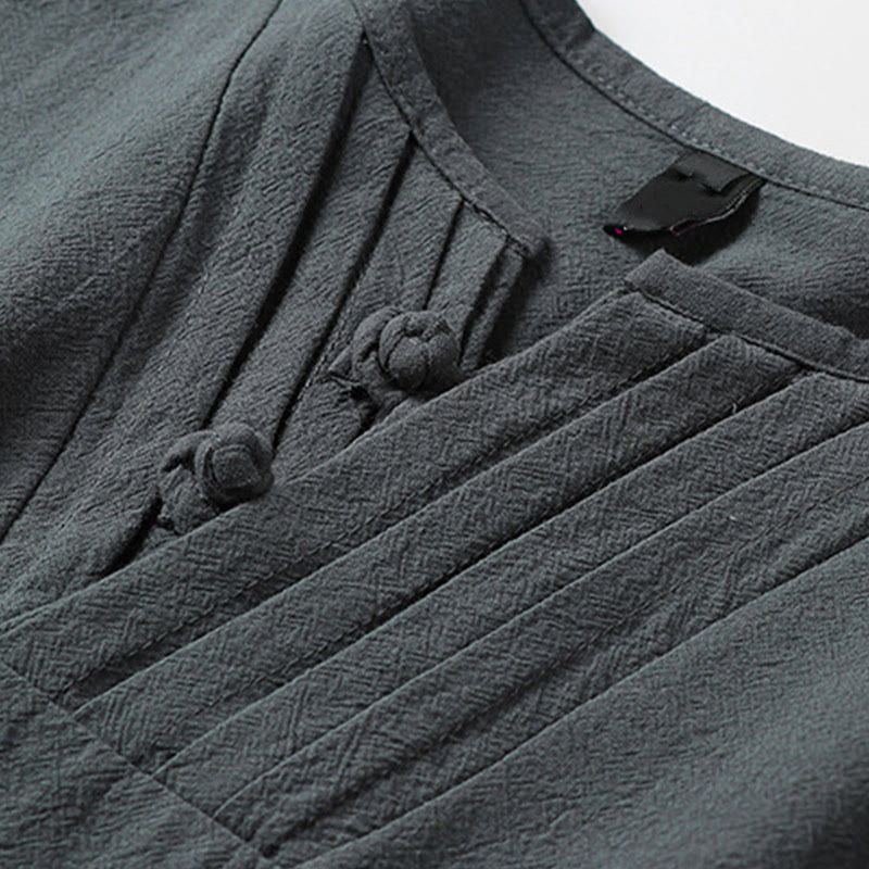 Buddha Stones Camisa de verano para hombre de lino y algodón con cuello en V, botones de rana y manga corta con bordado de nubes - image 5