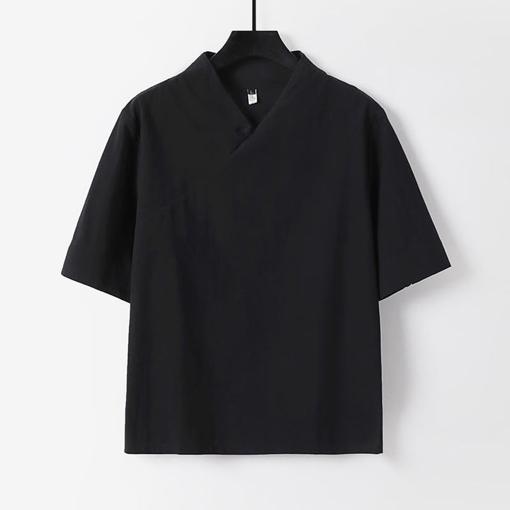 Buddha Stones Camisa de lino y algodón de manga corta con cuello en V para hombre de verano - Negro - US/UK/AU54, EU64 (9XL) - image 1