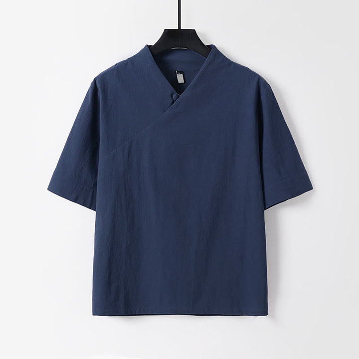Buddha Stones Camisa de lino y algodón de manga corta con cuello en V para hombre de verano - Azul acero - US/UK/AU54, EU64 (9XL) - image 2
