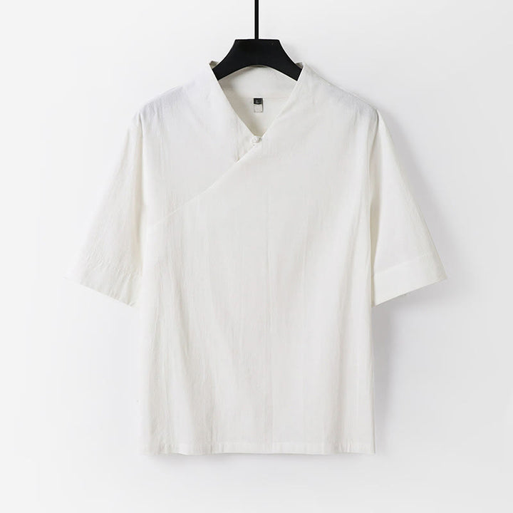 Buddha Stones Camisa de lino y algodón de manga corta con cuello en V para hombre de verano - Blanco - US/UK/AU54, EU64 (9XL) - image 11