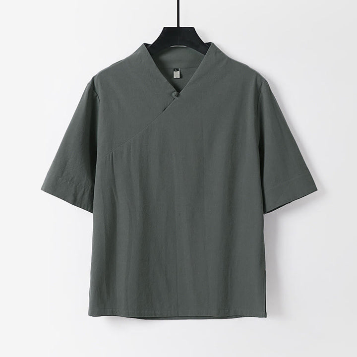 Buddha Stones Camisa de lino y algodón de manga corta con cuello en V para hombre de verano - Gris - US/UK/AU54, EU64 (9XL) - image 0