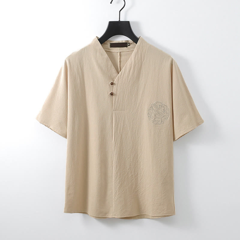 Buddha Stones Camisa de lino y algodón con cuello en V, manga corta, botones y bordado de nubes para hombre - Sopa de mariscos - US UK/ AU56, UE66 (9XL) - image 0