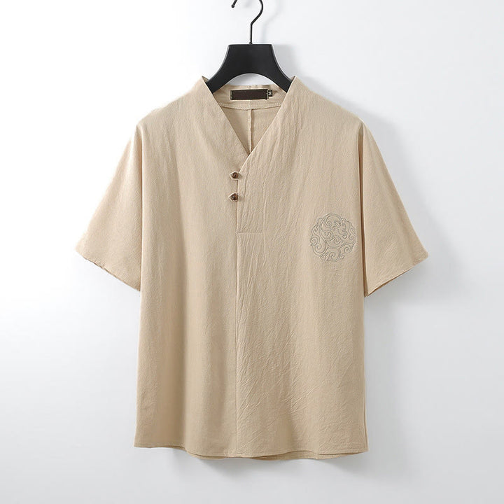 Buddha Stones Camisa de lino y algodón con cuello en V, manga corta, botones y bordado de nubes para hombre - Sopa de mariscos - US UK/ AU56, UE66 (9XL) - image 0