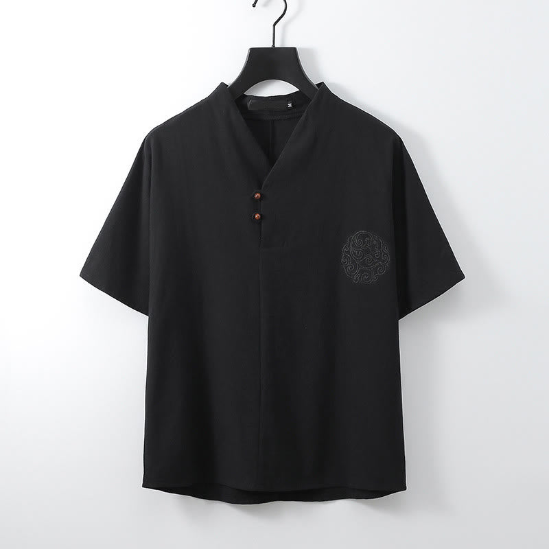 Buddha Stones Camisa de lino y algodón con cuello en V, manga corta, botones y bordado de nubes para hombre - Negro - US UK/ AU56, UE66 (9XL) - image 2