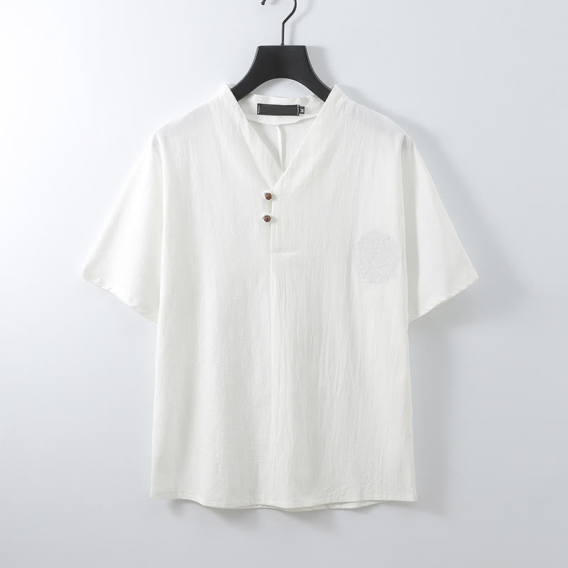 Buddha Stones Camisa de lino y algodón con cuello en V, manga corta, botones y bordado de nubes para hombre - Blanco - US UK/ AU56, UE66 (9XL) - image 4