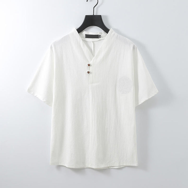 Buddha Stones Camisa de lino y algodón con cuello en V, manga corta, botones y bordado de nubes para hombre - Blanco - US UK/ AU56, UE66 (9XL) - image 4