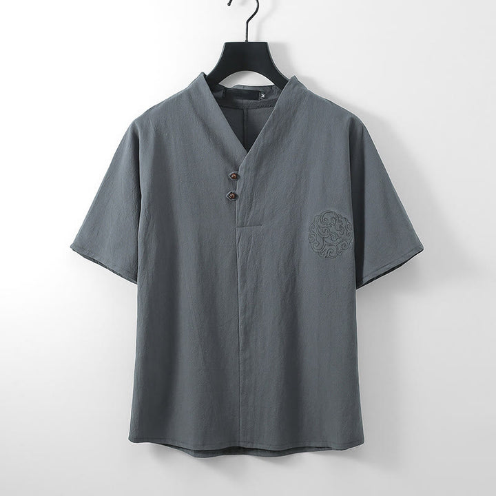 Buddha Stones Camisa de lino y algodón con cuello en V, manga corta, botones y bordado de nubes para hombre - Gris - US UK/ AU56, UE66 (9XL) - image 1