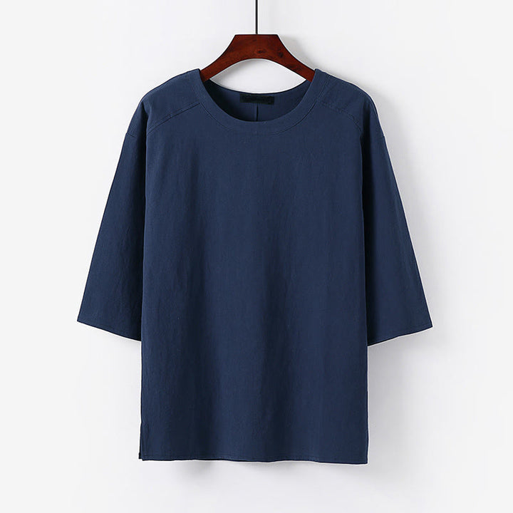 Buddha Stones Camiseta informal de verano de algodón y lino con cuello redondo y media manga para hombre - Azul acero - US/UK/AU54, EU64 (9XL) - image 8