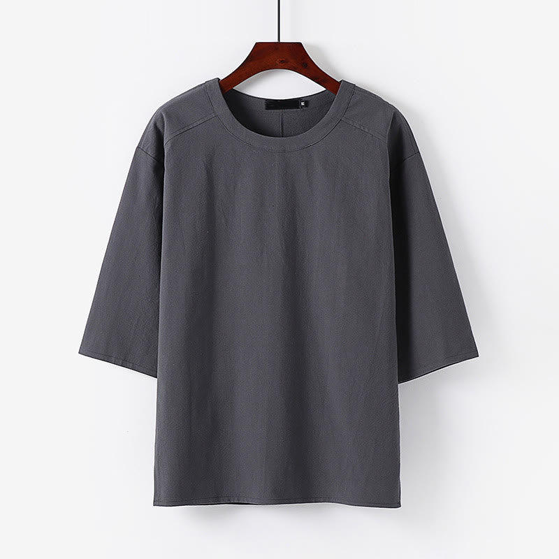 Buddha Stones Camiseta informal de verano de algodón y lino con cuello redondo y media manga para hombre - Gris - US/UK/AU54, EU64 (9XL) - image 6