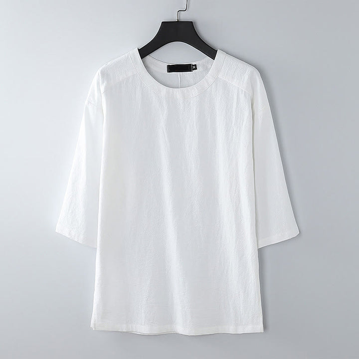 Buddha Stones Camiseta informal de verano de algodón y lino con cuello redondo y media manga para hombre - Blanco - US/UK/AU54, EU64 (9XL) - image 9