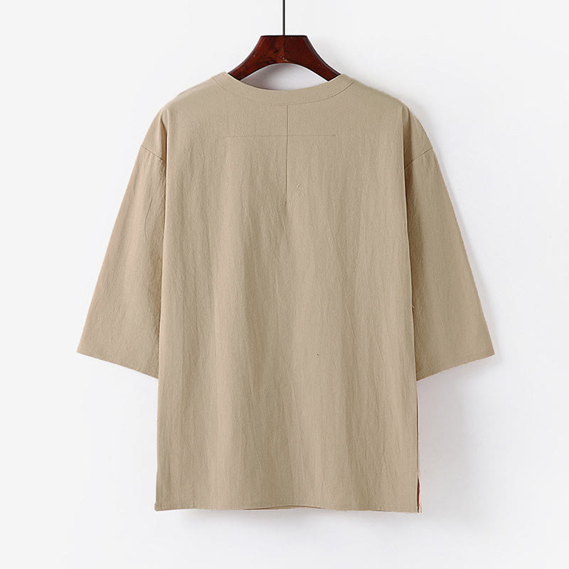 Buddha Stones Camiseta informal de verano de algodón y lino con cuello redondo y media manga para hombre - image 1