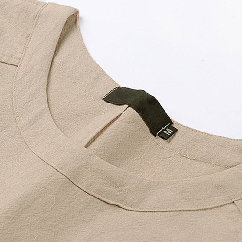 Buddha Stones Camiseta informal de verano de algodón y lino con cuello redondo y media manga para hombre - image 2