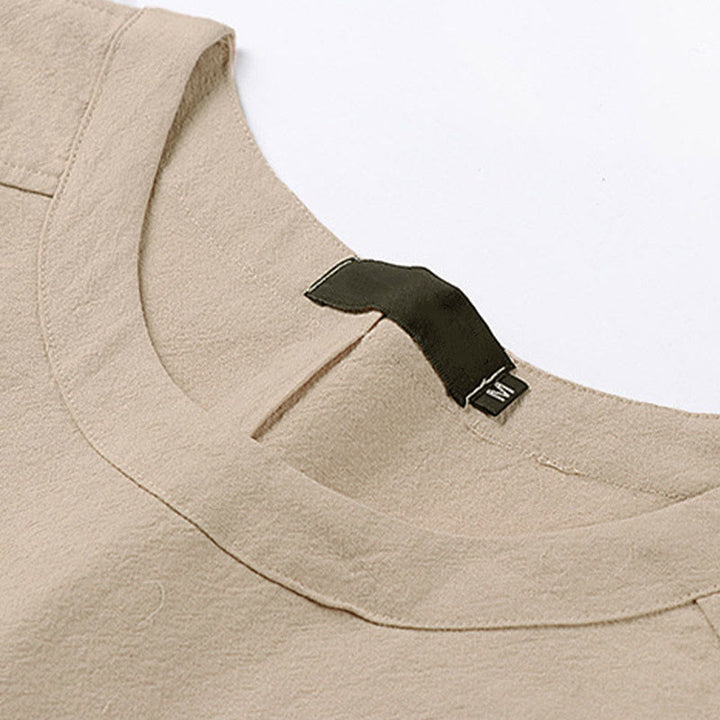 Buddha Stones Camiseta informal de verano de algodón y lino con cuello redondo y media manga para hombre - image 2