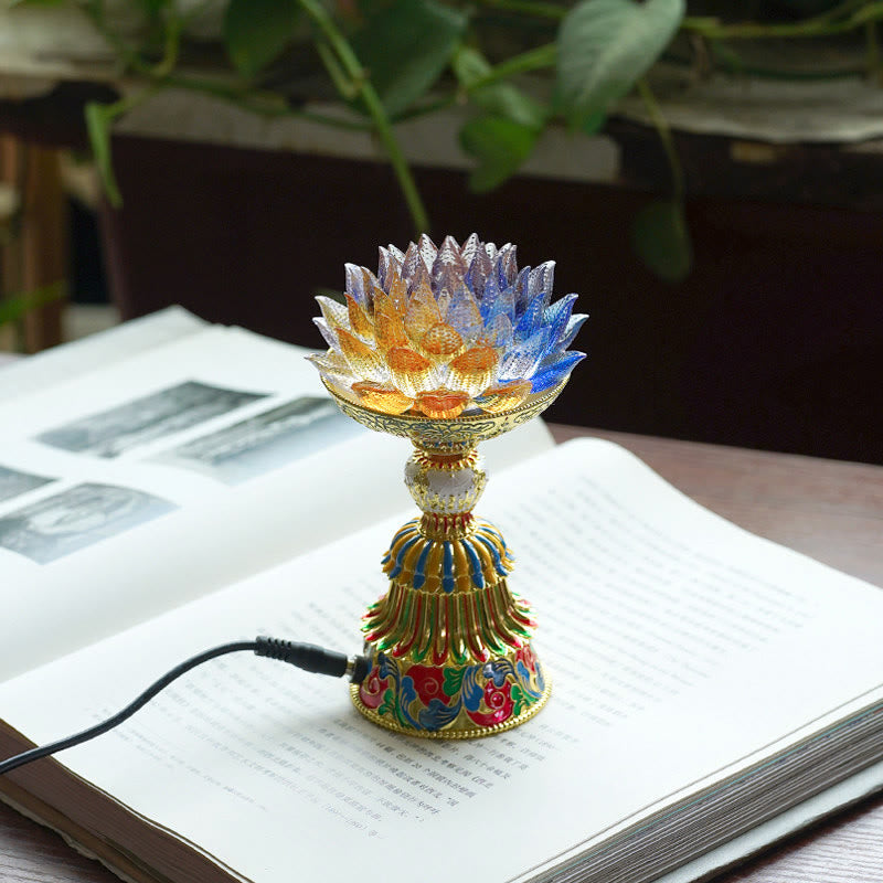 Buddha Stones Base de cristal Lotus Liuli con ocho símbolos auspiciosos para la iluminación y la decoración del hogar. - Loto multicolor (9*14-16*6,8 cm) - Enchufe - image 1