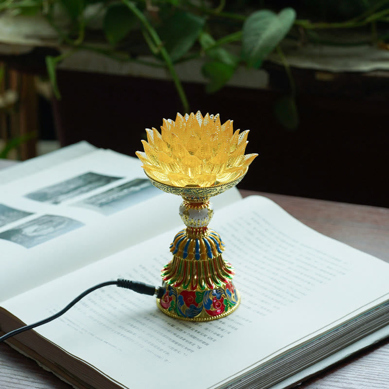 Buddha Stones Base de cristal Lotus Liuli con ocho símbolos auspiciosos para la iluminación y la decoración del hogar. - Loto dorado (9*14-16*6,8 cm) - Enchufe - image 2