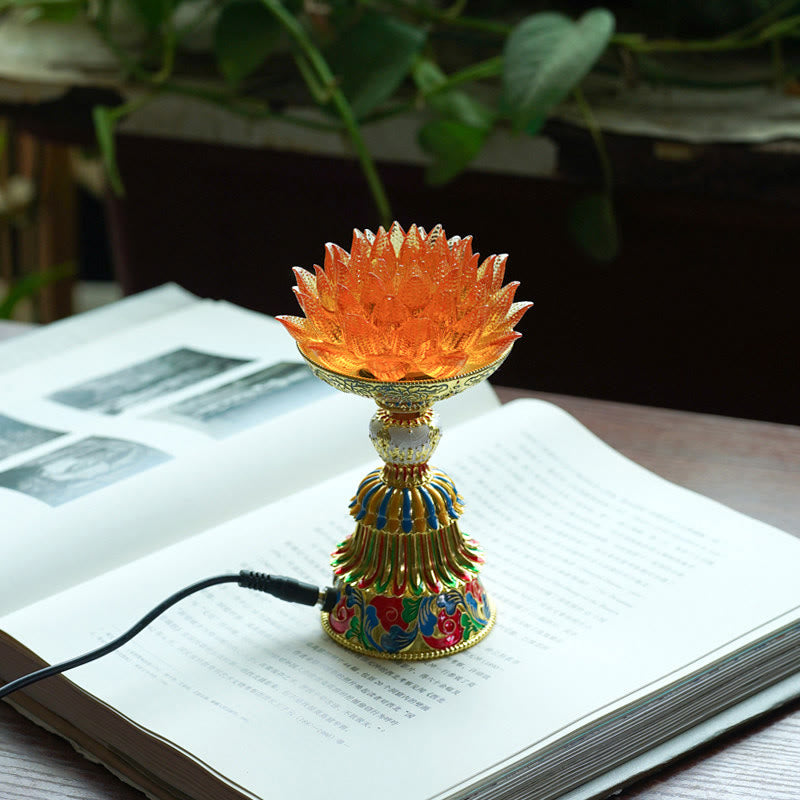 Buddha Stones Base de cristal Lotus Liuli con ocho símbolos auspiciosos para la iluminación y la decoración del hogar. - Loto naranja (9*14-16*6,8 cm) - Enchufe - image 3