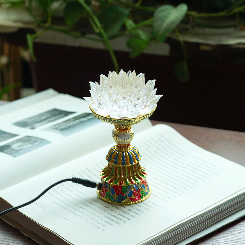 Buddha Stones Base de cristal Lotus Liuli con ocho símbolos auspiciosos para la iluminación y la decoración del hogar. - Loto blanco (9*14-16*6,8 cm) - Enchufe - image 9
