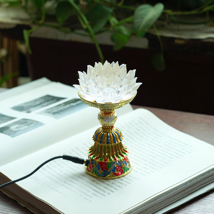 Buddha Stones Base de cristal Lotus Liuli con ocho símbolos auspiciosos para la iluminación y la decoración del hogar. - Loto blanco (9*14-16*6,8 cm) - Enchufe - image 9