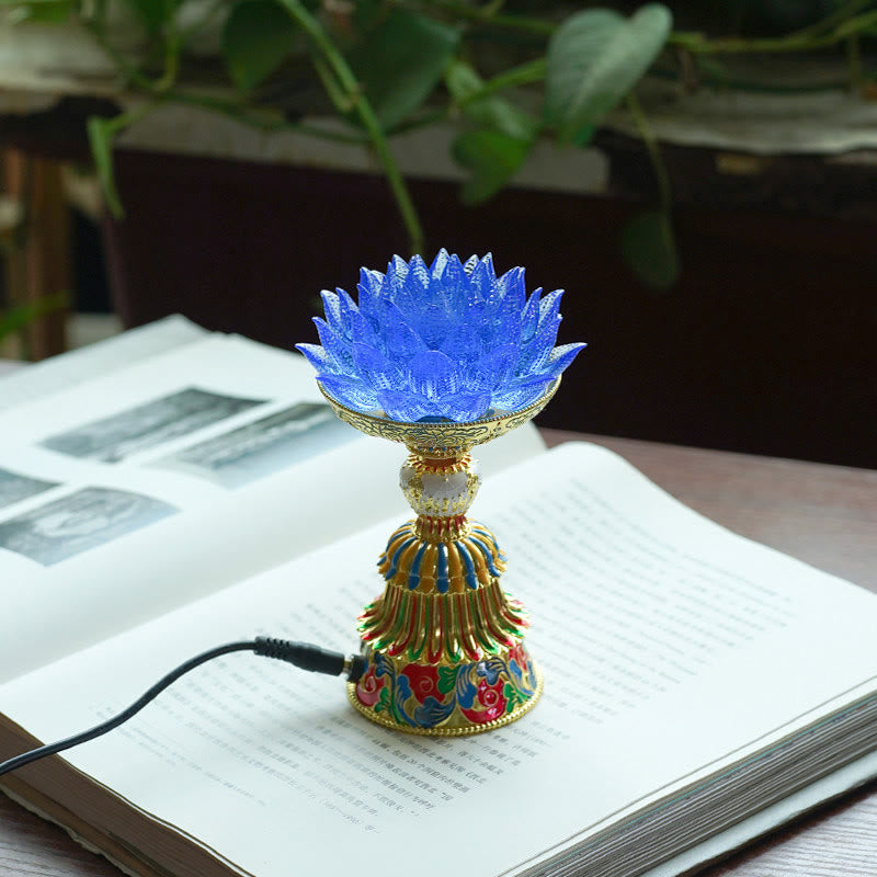 Buddha Stones Base de cristal Lotus Liuli con ocho símbolos auspiciosos para la iluminación y la decoración del hogar. - Loto azul (9*14-16*6,8 cm) - Enchufe - image 10