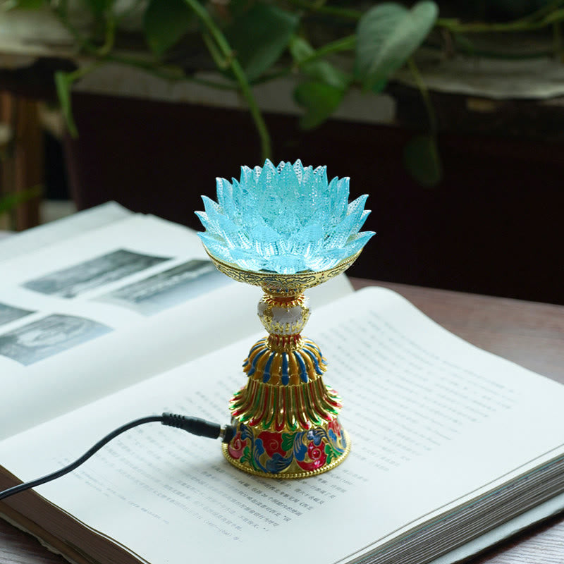 Buddha Stones Base de cristal Lotus Liuli con ocho símbolos auspiciosos para la iluminación y la decoración del hogar. - Loto azul claro (9*14-16*6,8 cm) - Enchufe - image 11